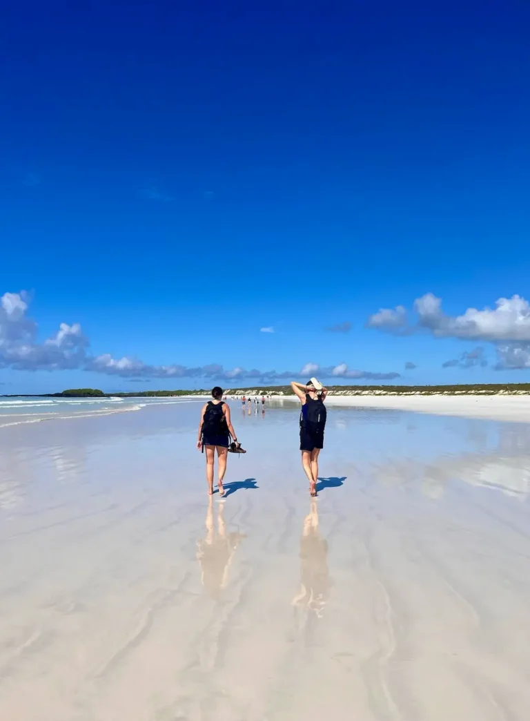 To højskole elever går på en flot strand og bred strand på Galapagos på højskole i udlandet