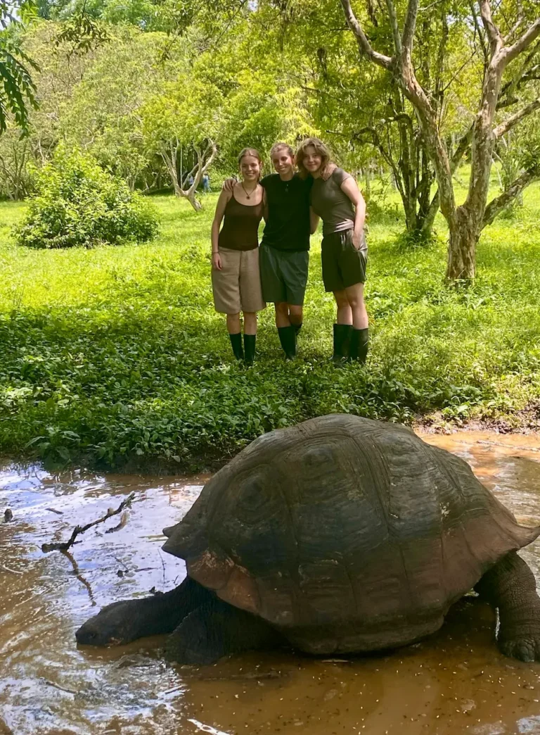 Tre højskoleelever står arm i arm foran en stor skildpadde på Galapagos på højskole i udlandet