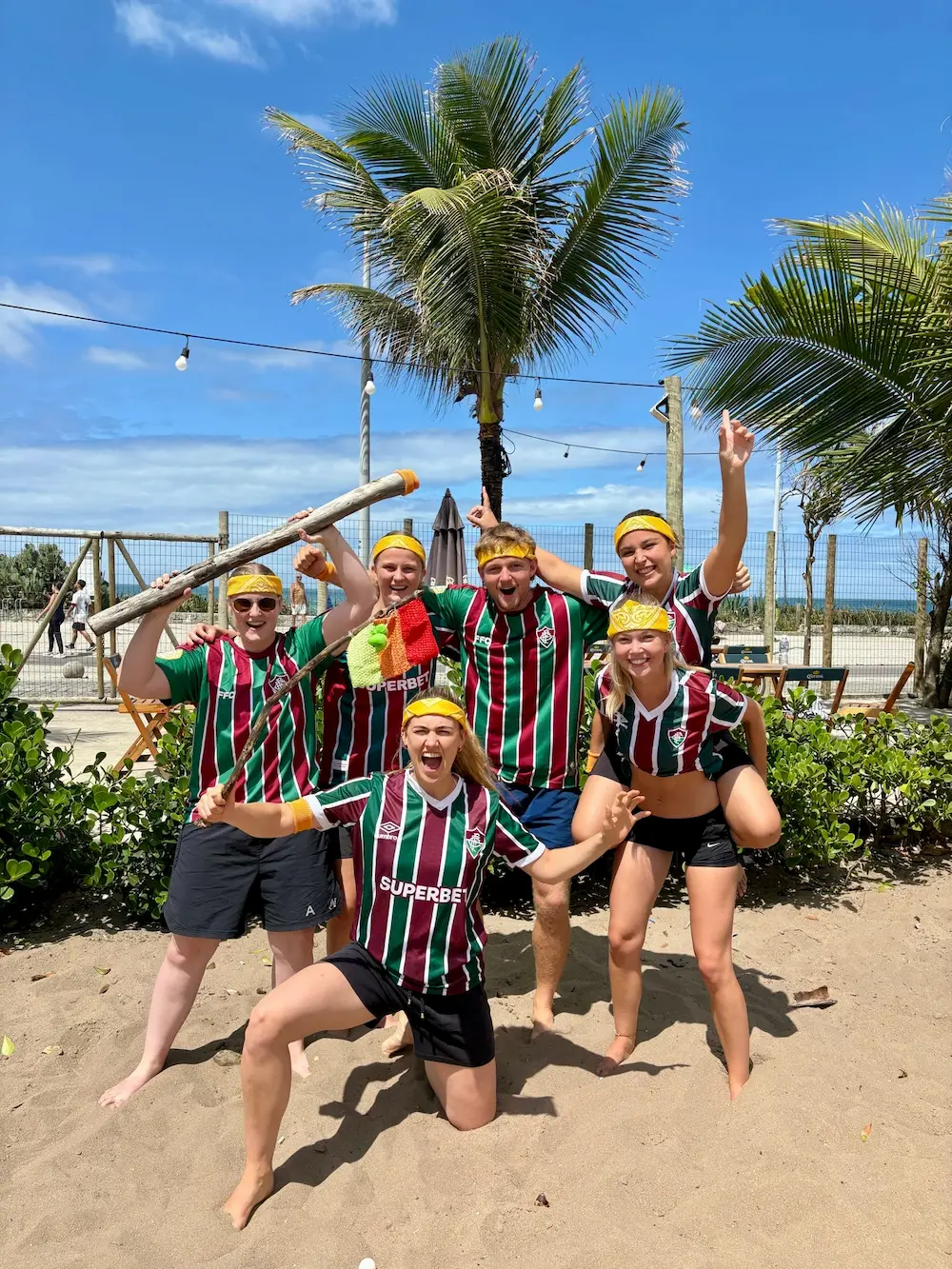 Gruppe elever poserer til robinson dyst på stranden i rio på højskole i udlandet